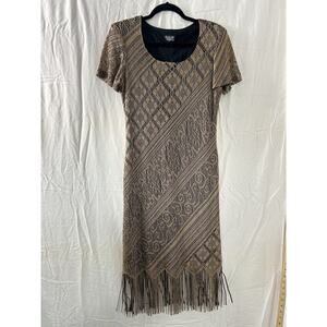 Helene Blake Dress Womens Sz 6 Crochet Fringe Tan Black Boho Midi‎ Party Flapper